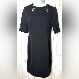 New TAYLOR Black Ponte Knit Sheath Dress Faux Leather Trim Lace Insets Shift